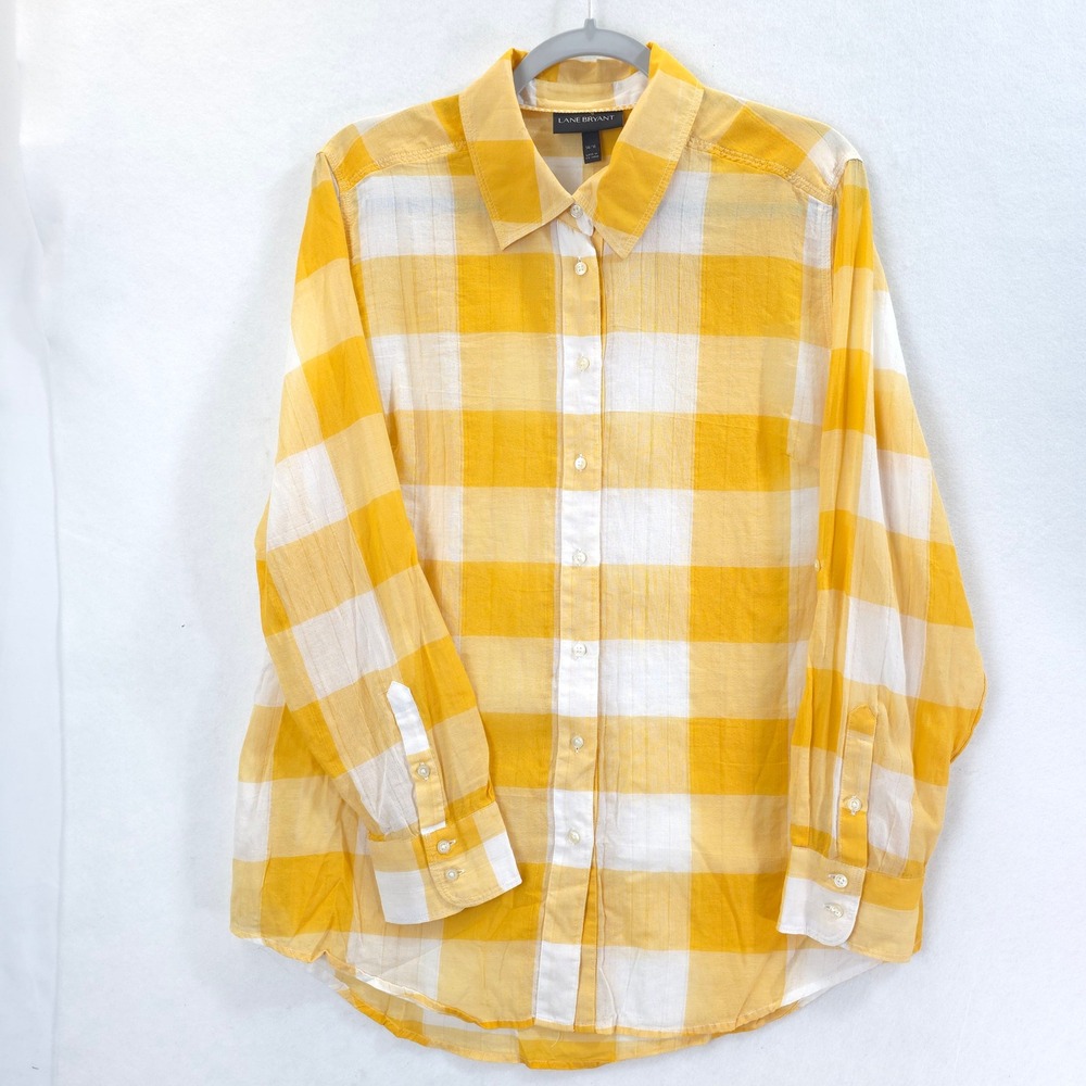 Lane Bryant Button Down Gingham Roll-Tab Sleeve Yellow Womens 14/16 Cottagecore